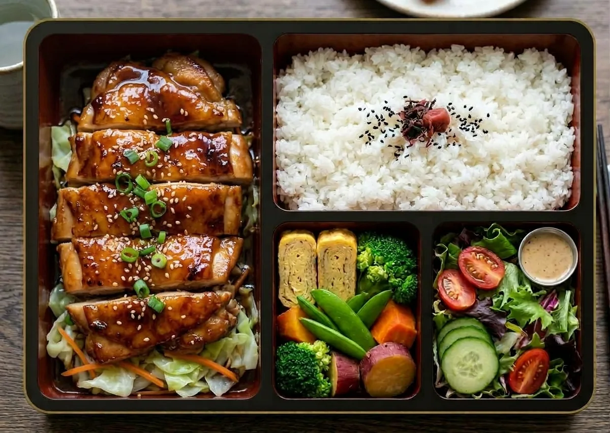 Serving idea: teriyaki chicken bento with rice, veggie sides and salad